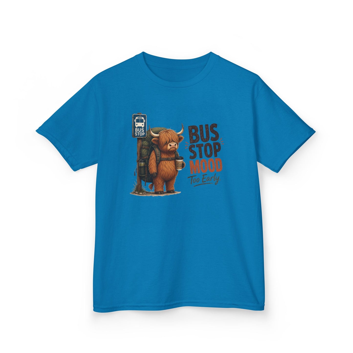 Bus Stop Mood Kids Tee | Grumpy Highland Cow Illustration, Funny Morning Shirt