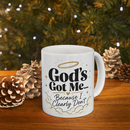 God's Got Me Mug | Religious Christian Coffee Cup with Halo & Clouds
