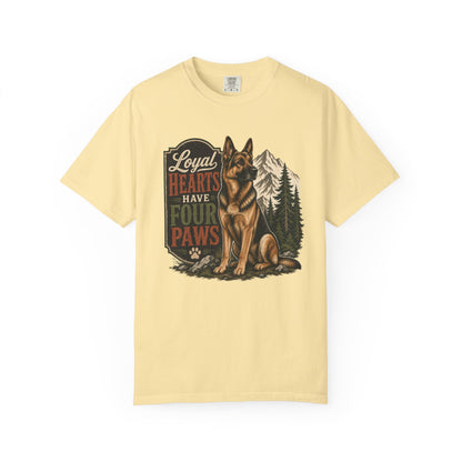 Loyal Hearts Have Four Paws German Shepherd T-shirt | Mountain Forest Dog Design