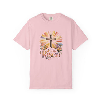 He Is Risen cross sunrise design T-Shirt | Easter faith floral
