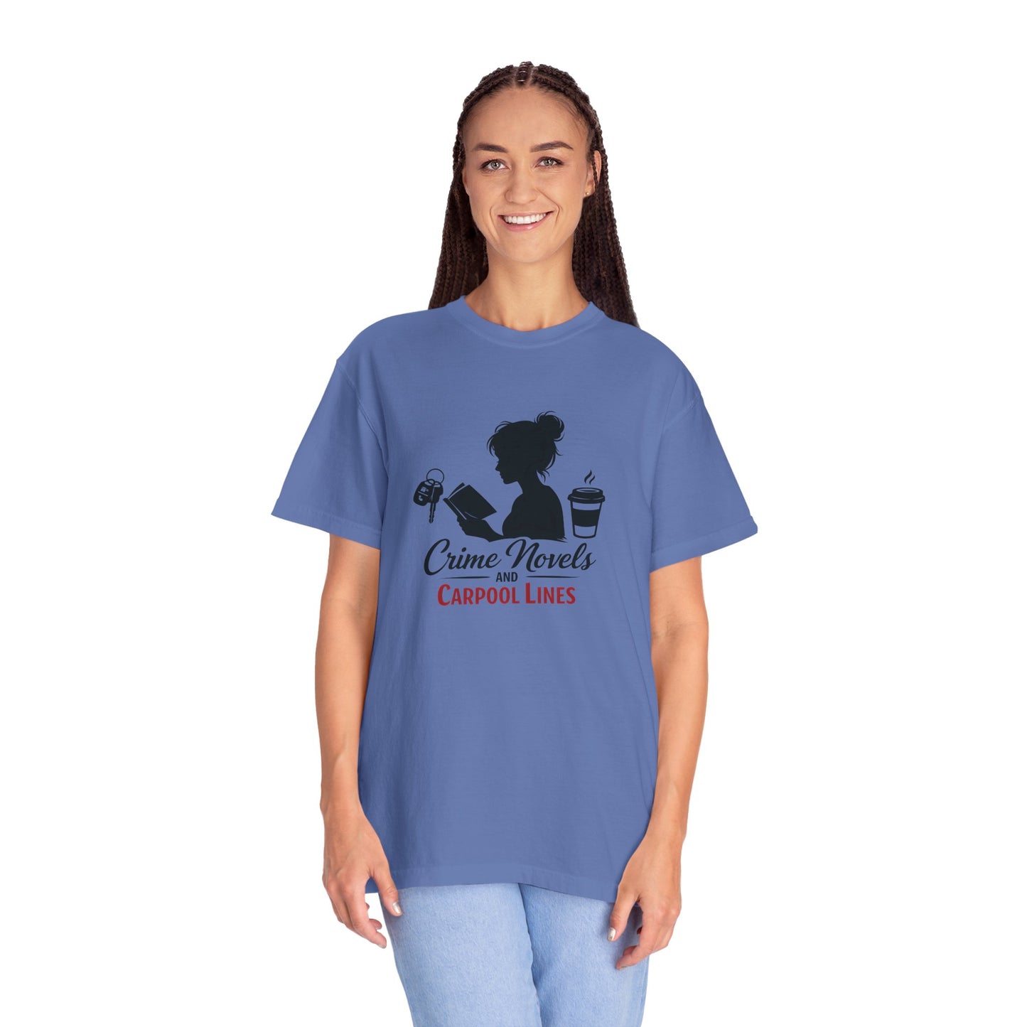Crime Novels and Carpool Lines T-shirt | Reading Mom Silhouette, Coffee Graphic