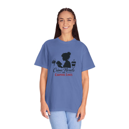 Crime Novels and Carpool Lines T-shirt | Reading Mom Silhouette, Coffee Graphic