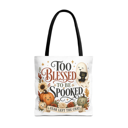 Too Blessed to Be Spooked Tote Bag | Halloween Pumpkin Ghost Fall Leaves