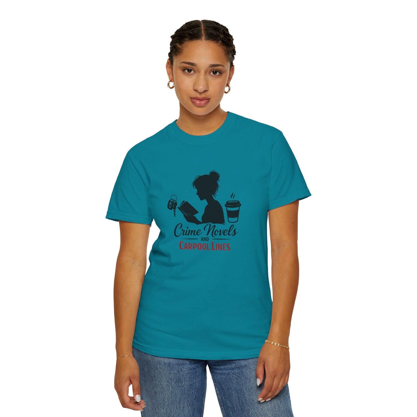 Crime Novels and Carpool Lines T-shirt | Reading Mom Silhouette, Coffee Graphic