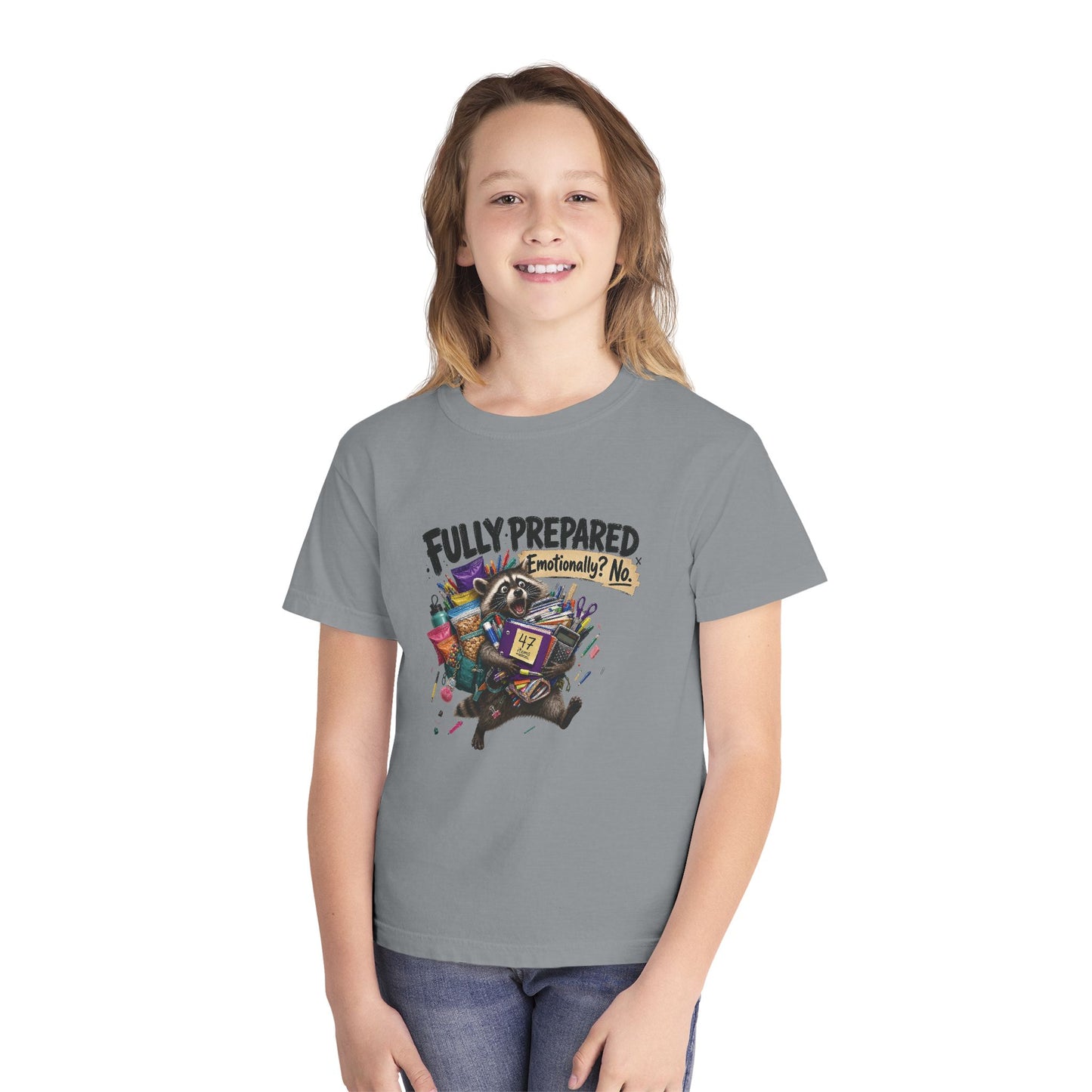 Fully Prepared Raccoon Supplies T-Shirt | Funny Back-to-School Kids Tee