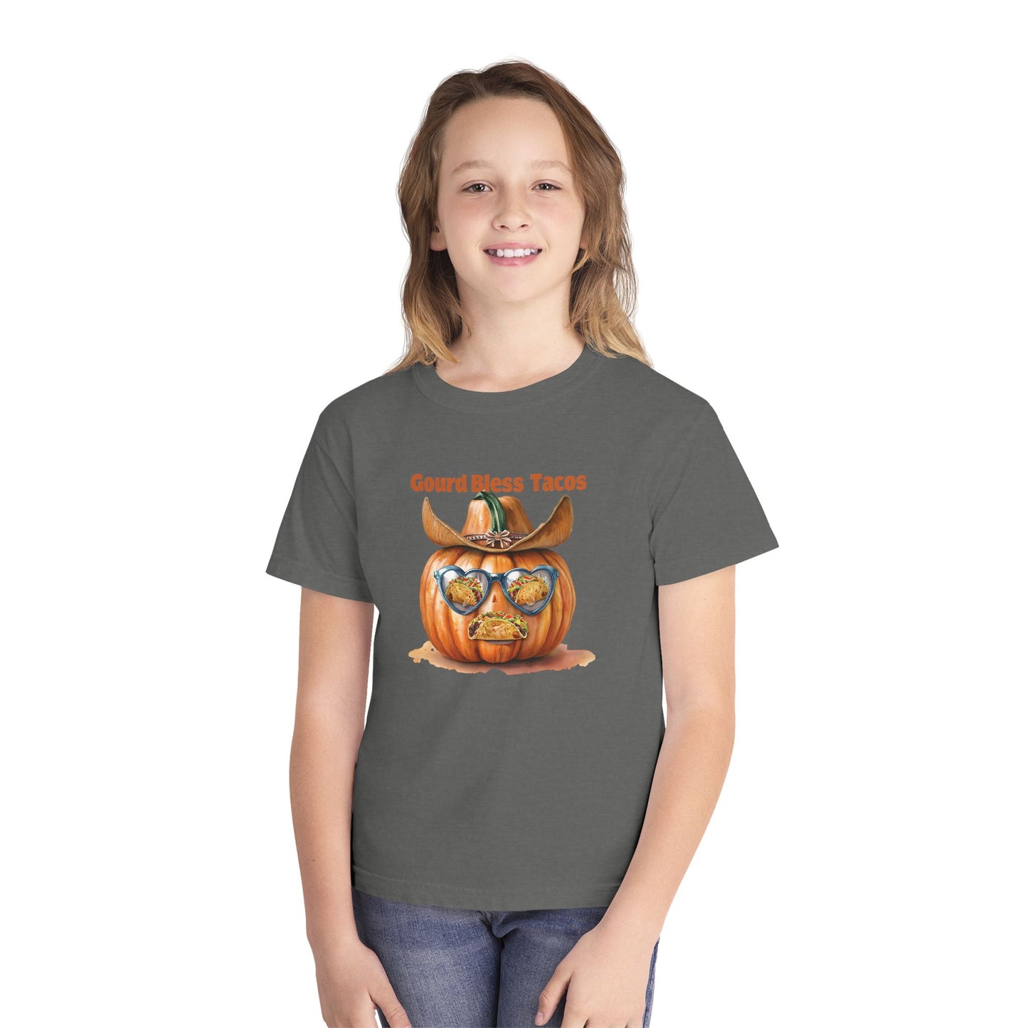 Whimsical Fall Youth Tee - Gourd Bless Tacos, Halloween Shirt, Kids Autumn Apparel, Thanksgiving Humor Top, Funny Seasonal Gift