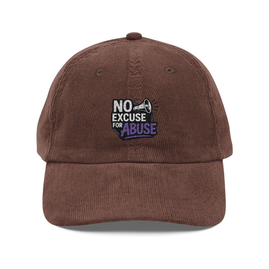 Vintage Embroidered Corduroy Cap - No Excuse for Abuse, Unisex Fashion Hat, Gift for Awareness, Casual Wear, Trendy Accessory