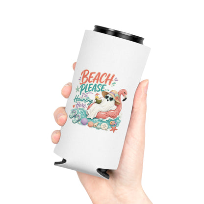 Beach Please Ghost Flamingo Can Cooler | Summer Beach Drink Sleeve
