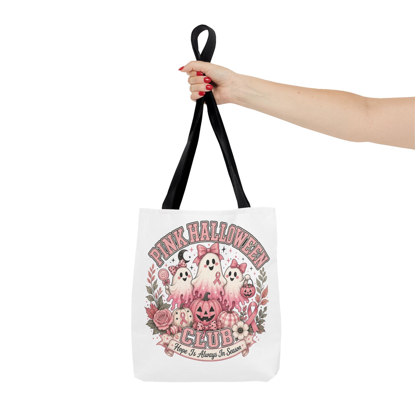 Breast Cancer Awareness Pink Halloween Club ghost trio tote bag | spooky floral pumpkin design