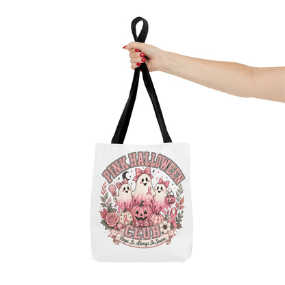 Breast Cancer Awareness Pink Halloween Club ghost trio tote bag | spooky floral pumpkin design
