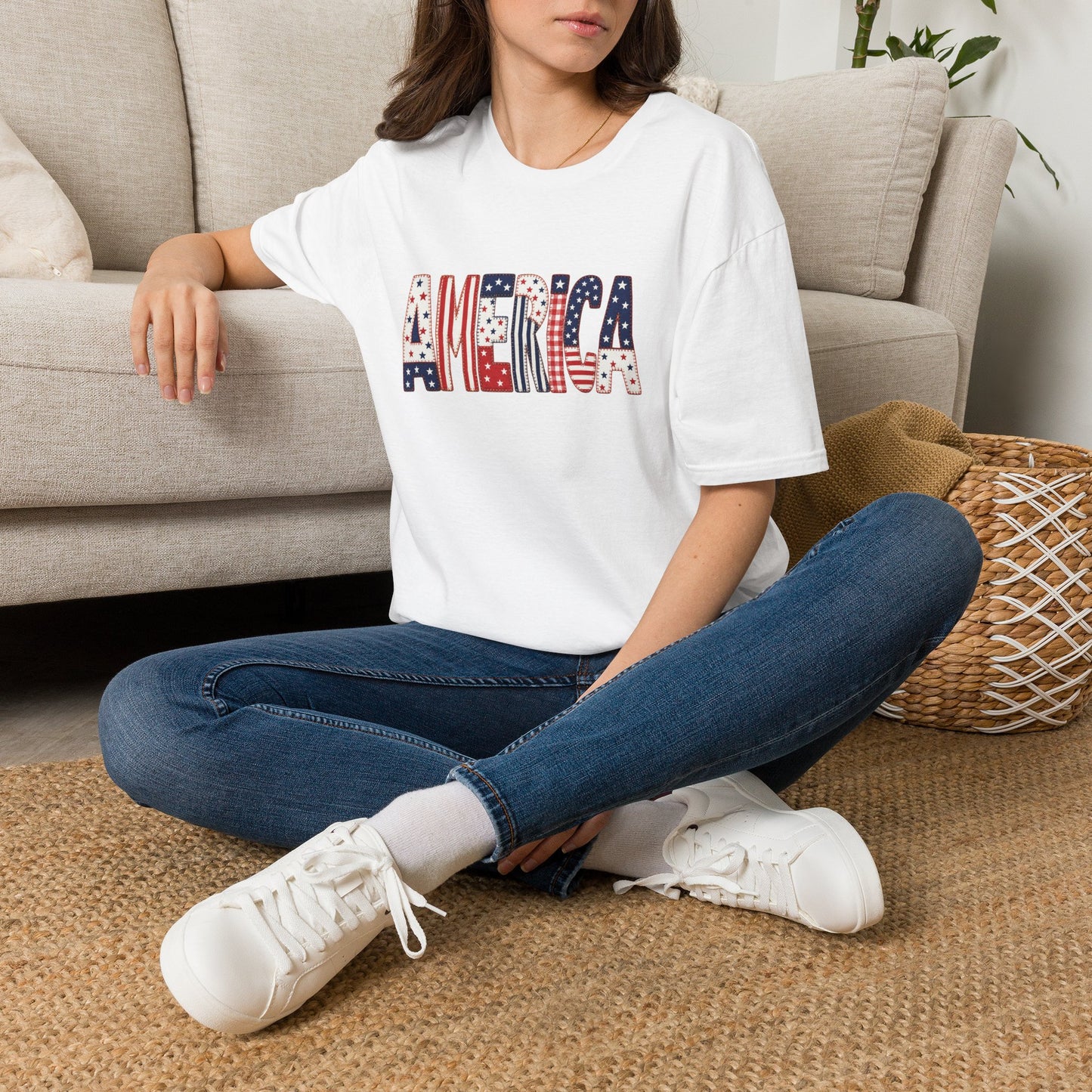 American Flag Patchwork Style Letters T-Shirt | Patriotic Fourth of July Tee