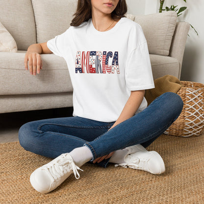 American Flag Patchwork Style Letters T-Shirt | Patriotic Fourth of July Tee