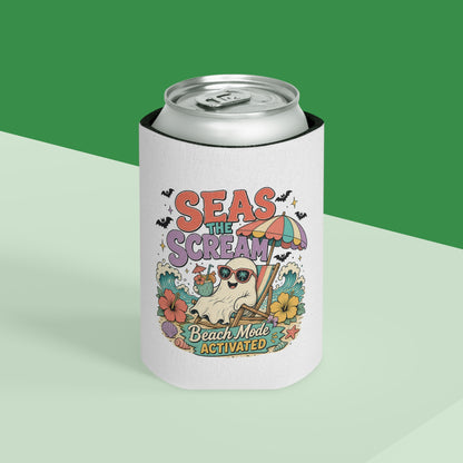 Seas the Scream ghost beach scene Can Cooler | Beach Mode Activated, Tropical Flowers
