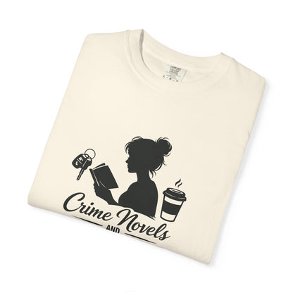 Crime Novels and Carpool Lines T-shirt | Reading Mom Silhouette, Coffee Graphic
