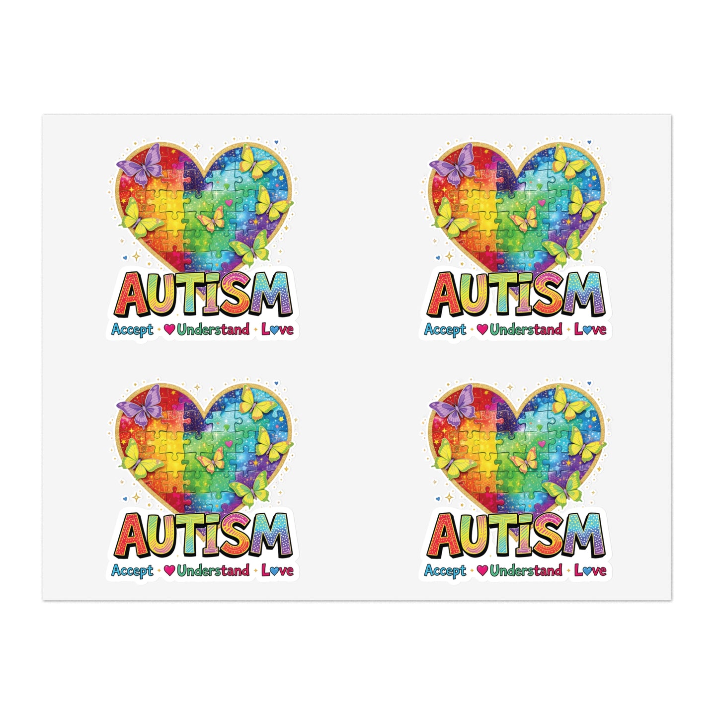Autism Puzzle Heart Sticker Sheet | Accept Understand Love, Rainbow Awareness