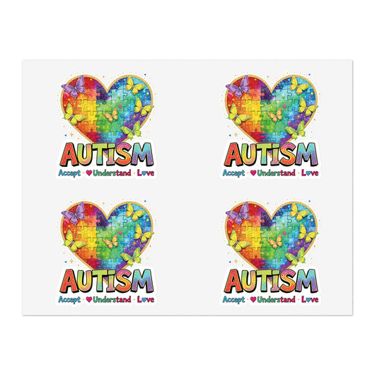 Autism Puzzle Heart Sticker Sheet | Accept Understand Love, Rainbow Awareness