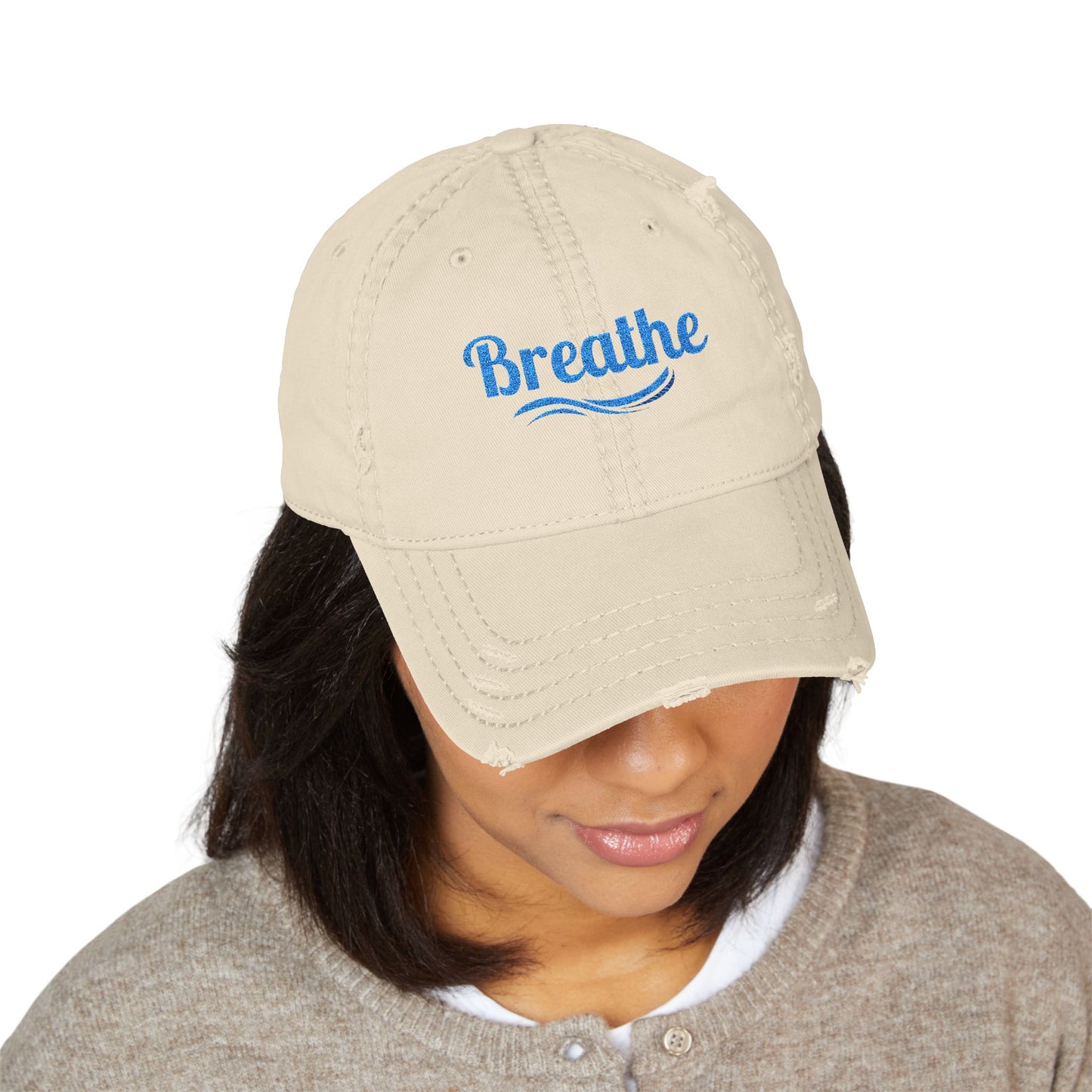 Embroidered "Breathe" Distressed Hat, Mental Health Motivation, Unisex Baseball Cap, Distressed Design, Breathable Headwear