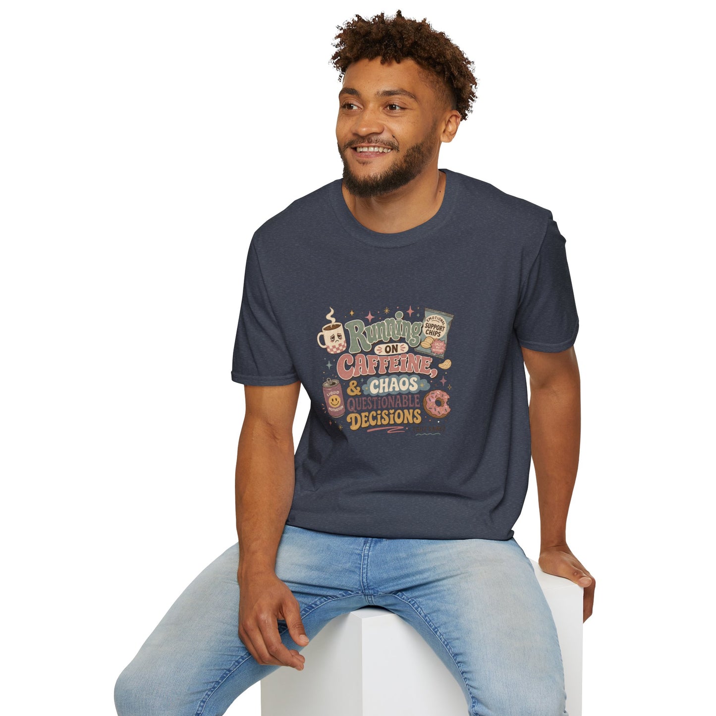Running on Caffeine & Chaos T-Shirt | Coffee Mug Donut Illustration