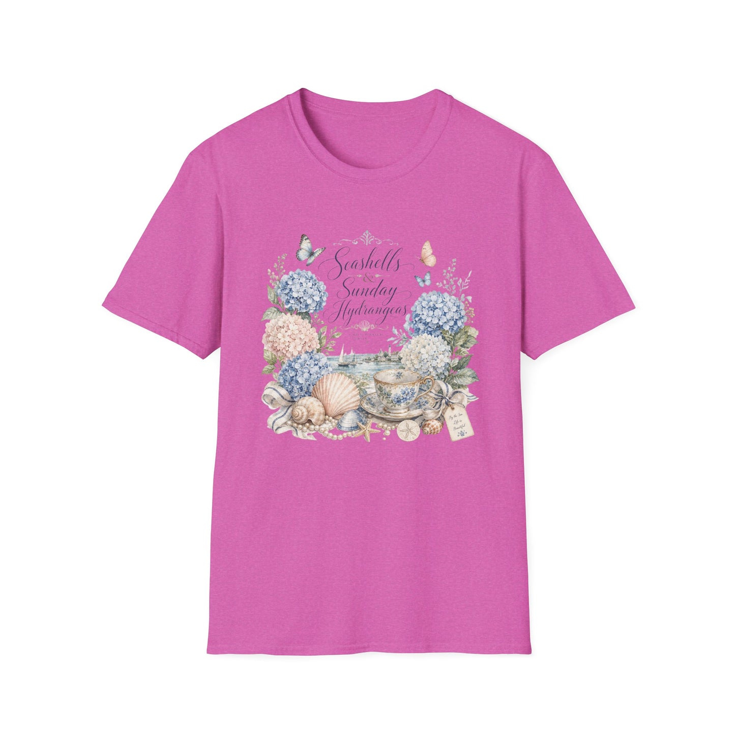Seashells & Sunday Hydrangeas T-Shirt | Floral Coastal Cottage Shirt