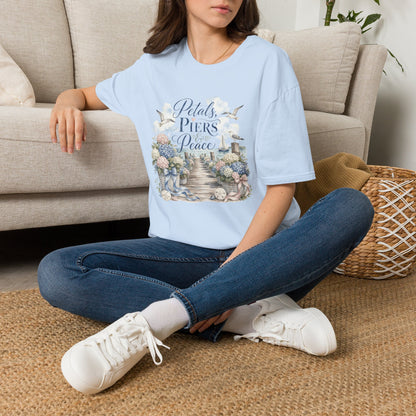 Petals Piers Peace T-Shirt | Coastal Lighthouse Floral Seagulls Design