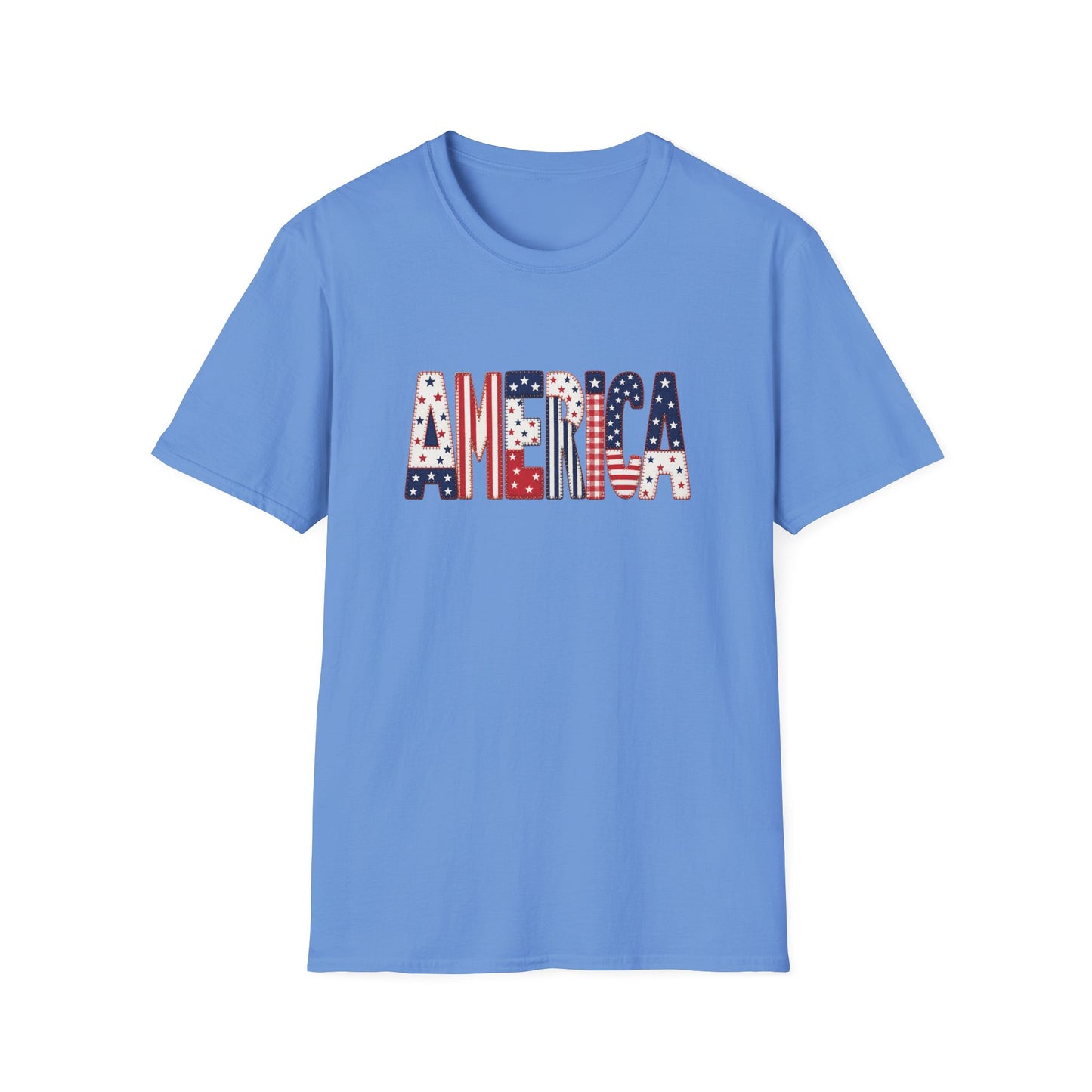American Flag Patchwork Style Letters T-Shirt | Patriotic Fourth of July Tee