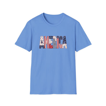 American Flag Patchwork Style Letters T-Shirt | Patriotic Fourth of July Tee