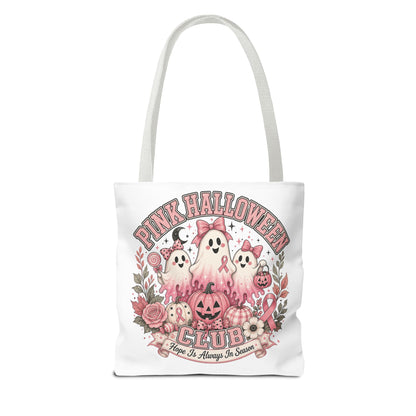 Breast Cancer Awareness Pink Halloween Club ghost trio tote bag | spooky floral pumpkin design