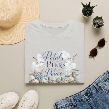 Petals Piers Peace T-Shirt | Coastal Lighthouse Floral Seagulls Design