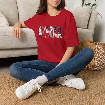 American Flag Patchwork Style Letters T-Shirt | Patriotic Fourth of July Tee