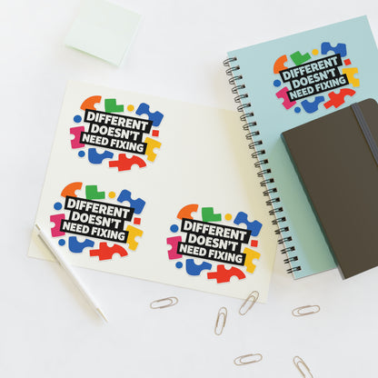 Different Doesn't Need Fixing Sticker Sheets | Autism Puzzle Piece Design