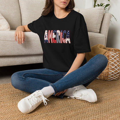 American Flag Patchwork Style Letters T-Shirt | Patriotic Fourth of July Tee