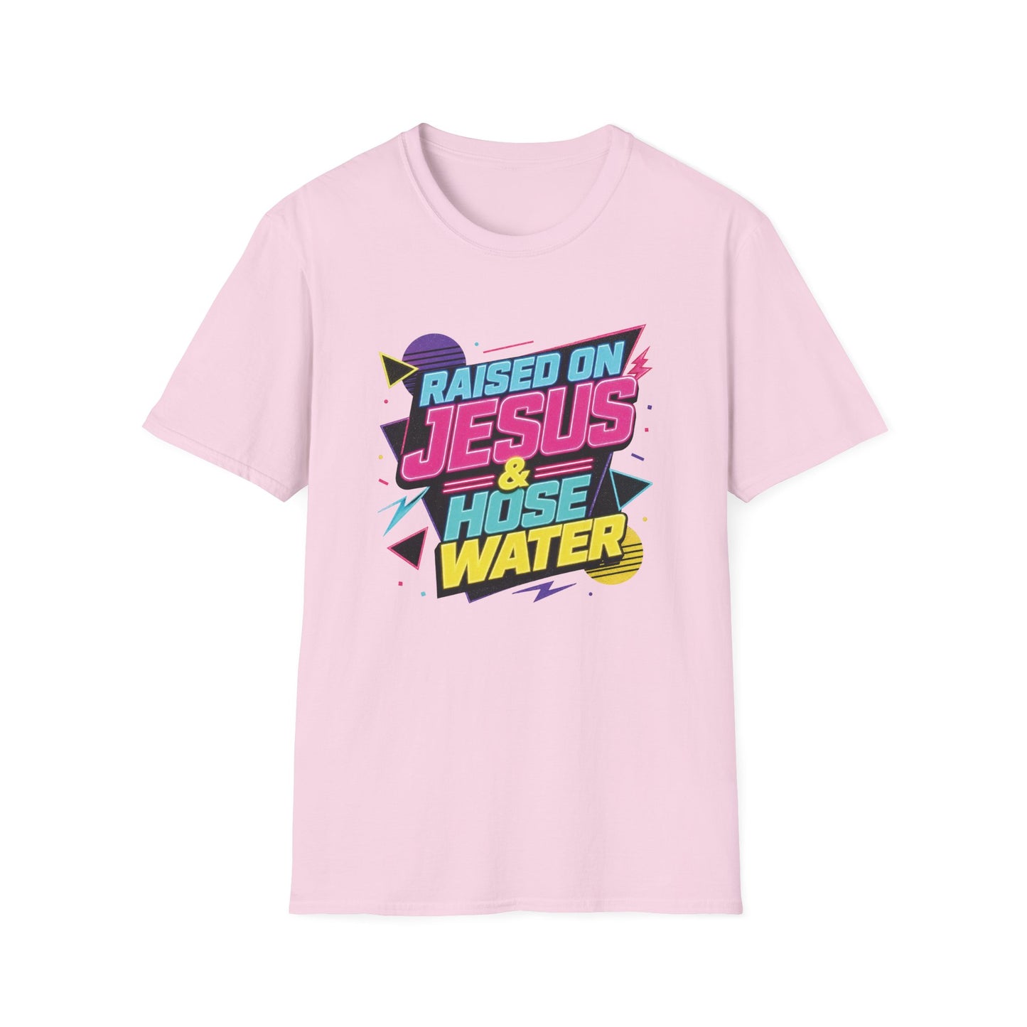 Raised on Jesus & Hose Water T-Shirt | Retro Neon Christian Faith Graphic
