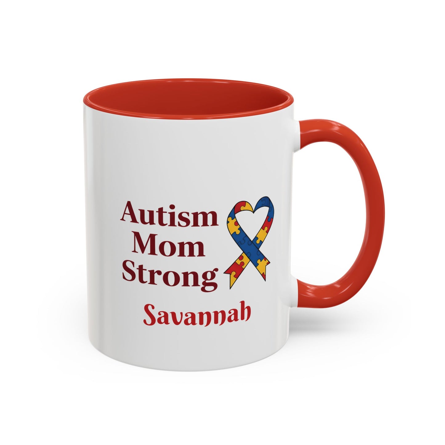 Autism Mom Strong mug | Accent Coffee Mug with Puzzle Ribbon