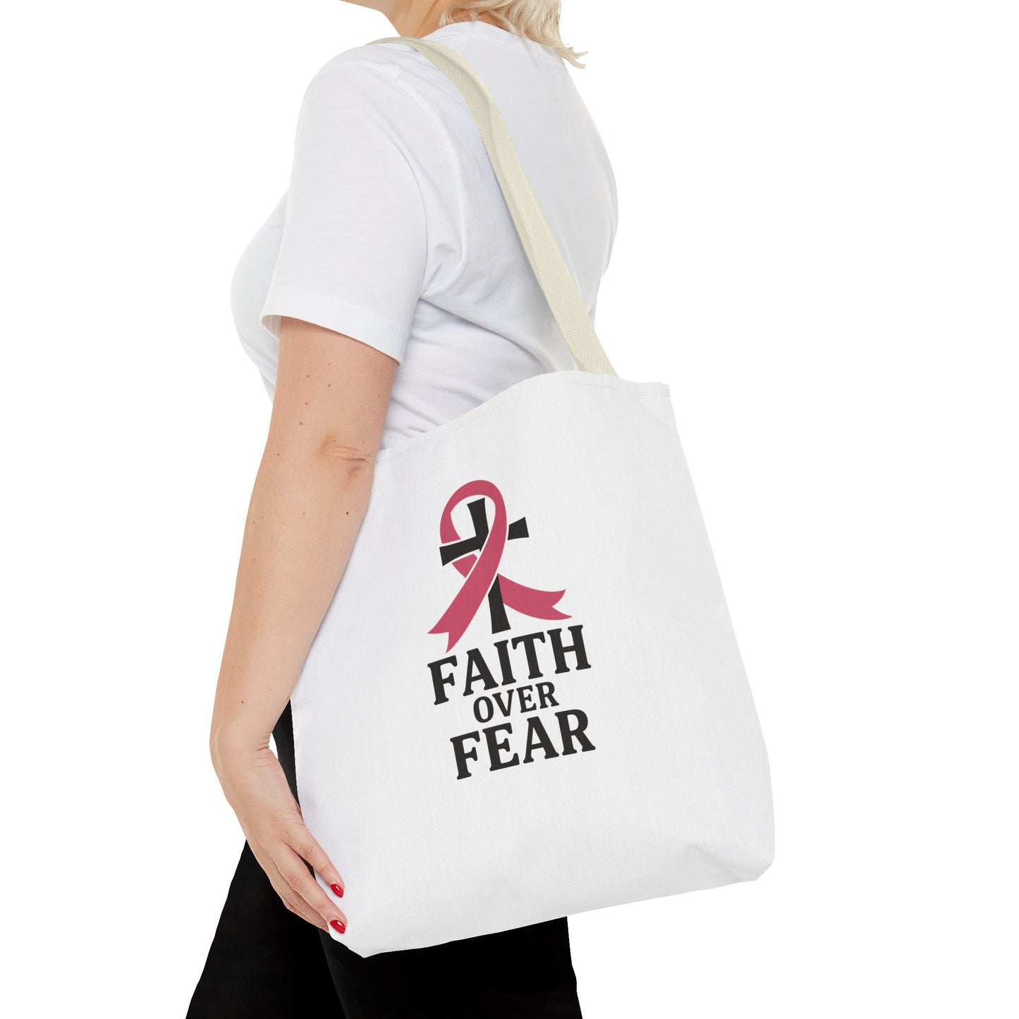 Faith Over Fear Tote Bag, Inspirational Gift for Cancer Awareness, Motivational Tote, Breast Cancer Support, Daily Use Bag