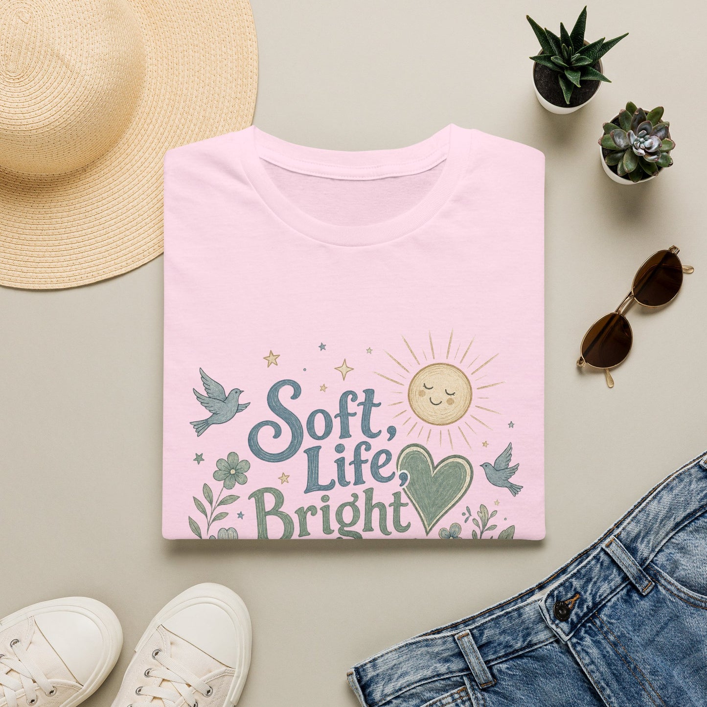 Soft Life Bright Heart T-Shirt | sun, doves, floral graphic