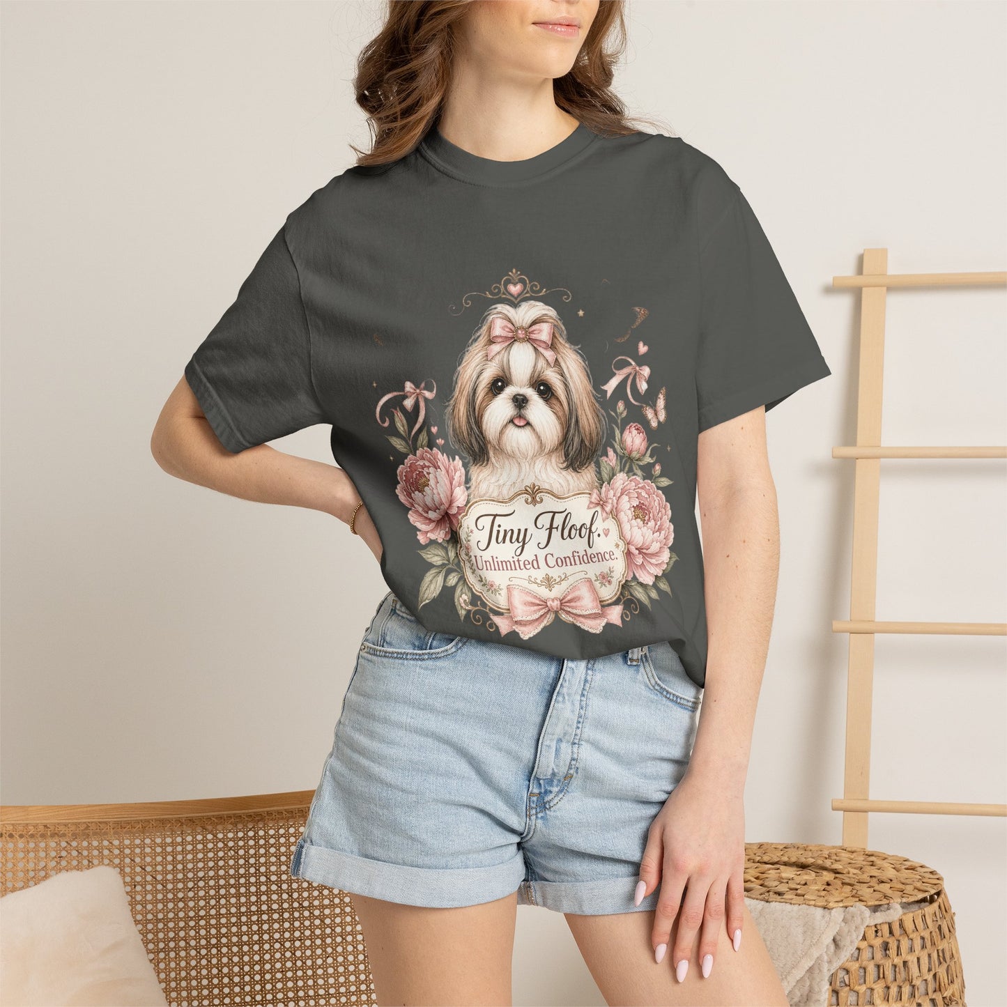 Shih Tzu Floral Portrait T-Shirt | Tiny Floof Illustration, Pink Roses