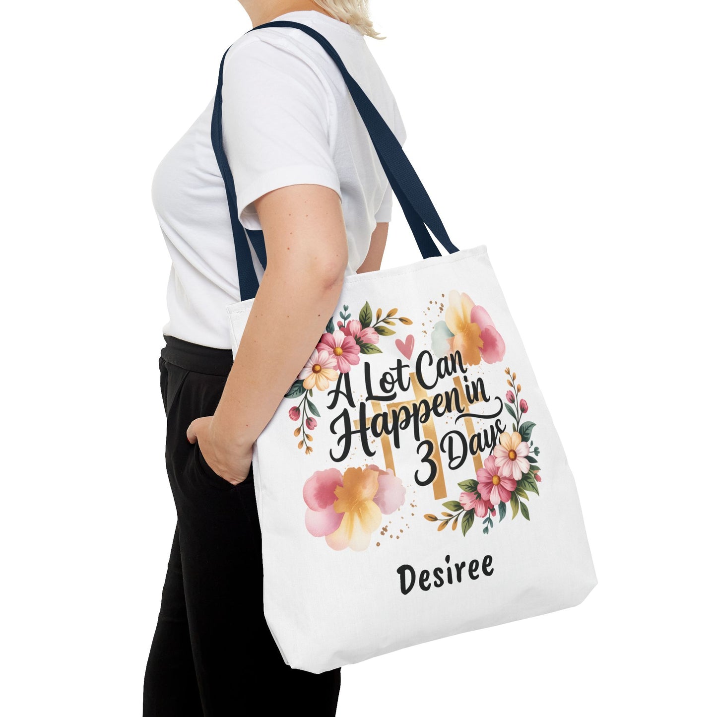 A Lot Can Happen in 3 Days Easter Faith Tote Bag | Floral Script Personalized Name