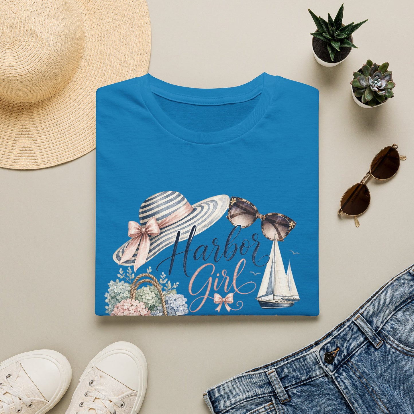 Harbor Girl illustration T-Shirt | Nautical hat, sailboat, seashells