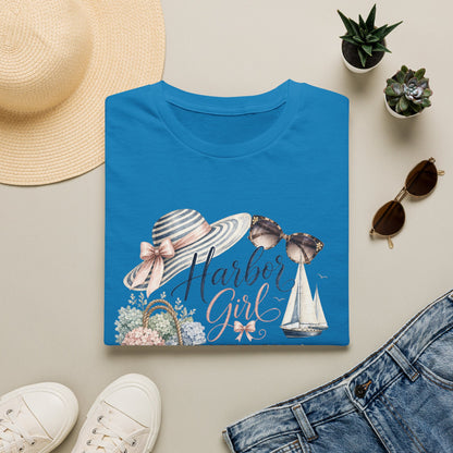 Harbor Girl illustration T-Shirt | Nautical hat, sailboat, seashells