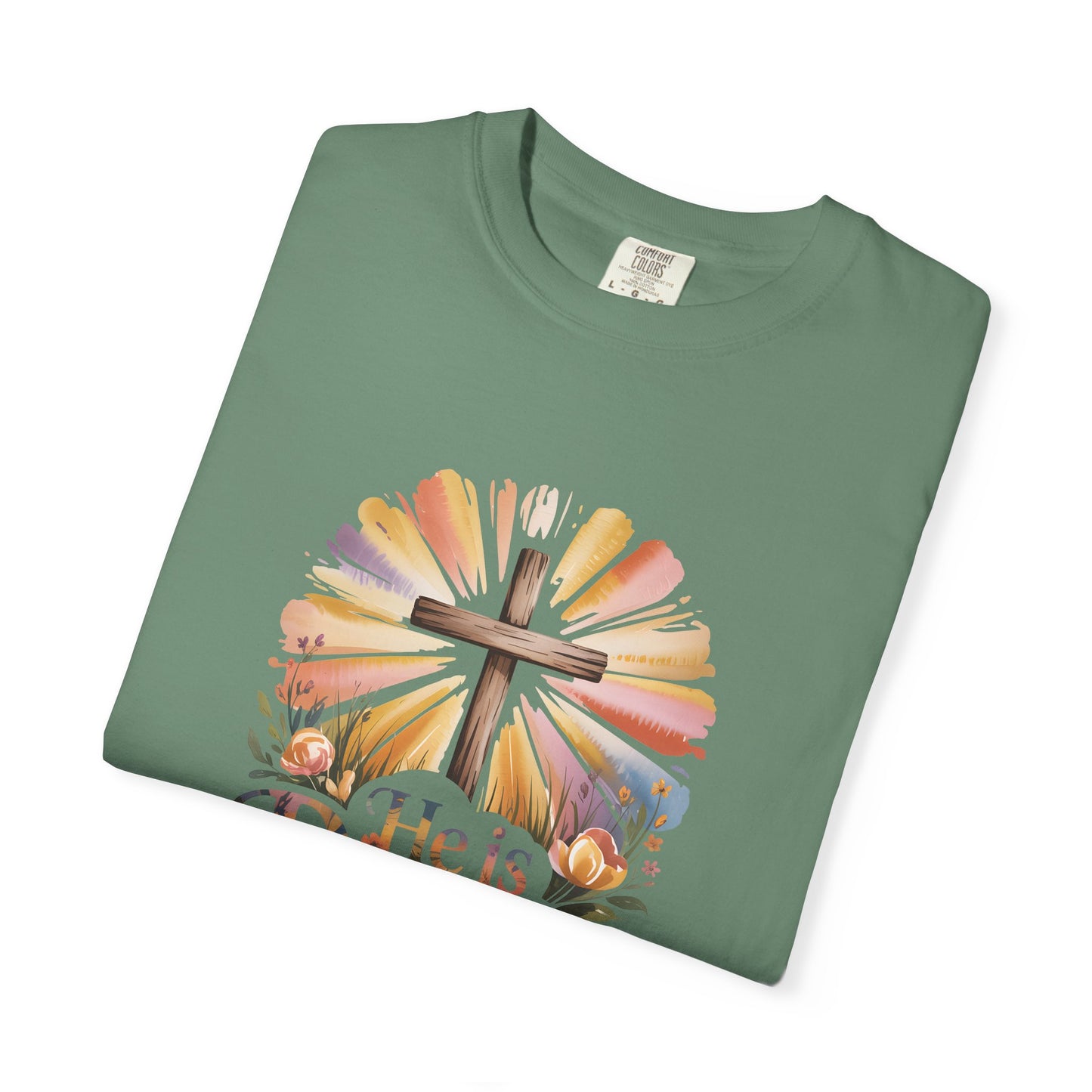 He Is Risen cross sunrise design T-Shirt | Easter faith floral