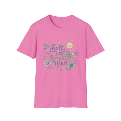Soft Life Bright Heart T-Shirt | sun, doves, floral graphic