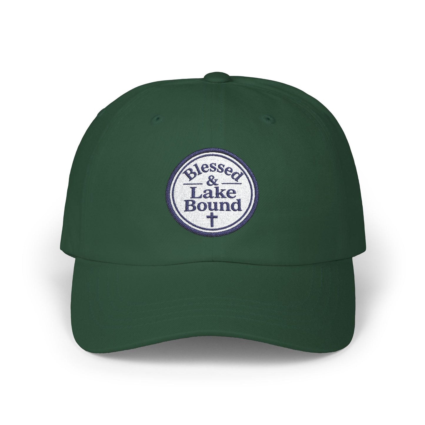 Blessed & Lake Bound Dad Cap | Embroidered Circle Logo, White Baseball Hat