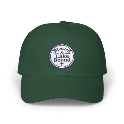 Blessed & Lake Bound Dad Cap | Embroidered Circle Logo, White Baseball Hat