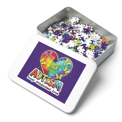 Autism Accept Understand Love Jigsaw Puzzle with Tin | Rainbow Heart Butterflies