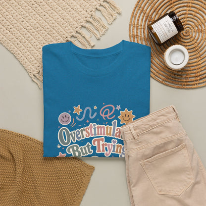 Overstimulated But Trying tee | Funny Mental Health Shirt, Cute Retro Doodles
