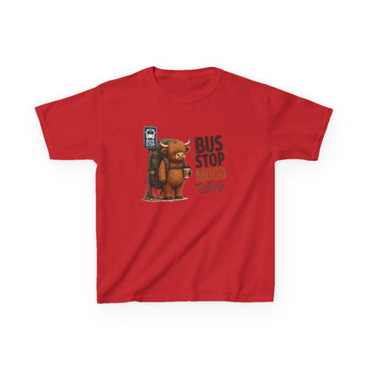 Bus Stop Mood Kids Tee | Grumpy Highland Cow Illustration, Funny Morning Shirt