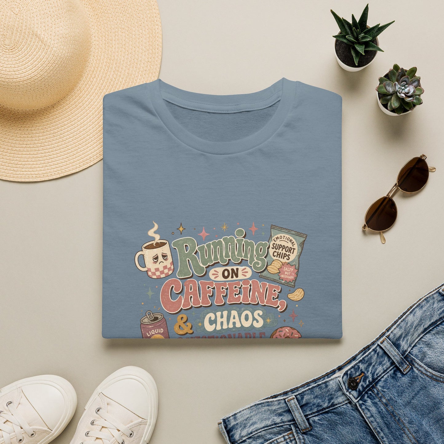 Running on Caffeine & Chaos T-Shirt | Coffee Mug Donut Illustration