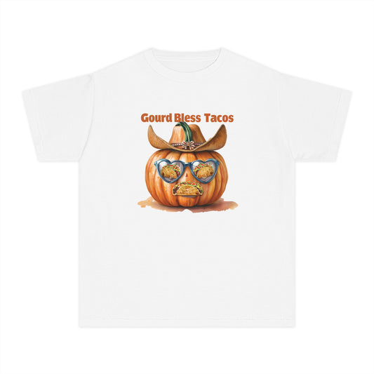 Whimsical Fall Youth Tee - Gourd Bless Tacos, Halloween Shirt, Kids Autumn Apparel, Thanksgiving Humor Top, Funny Seasonal Gift