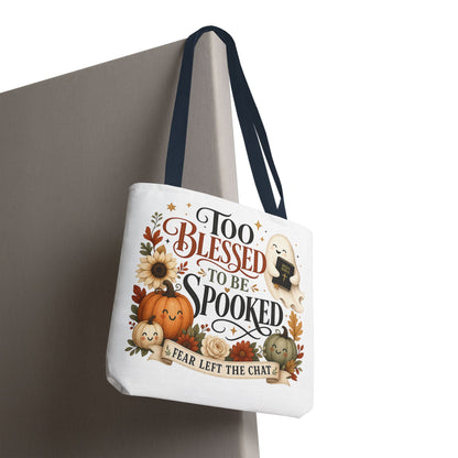 Too Blessed to Be Spooked Tote Bag | Halloween Pumpkin Ghost Fall Leaves