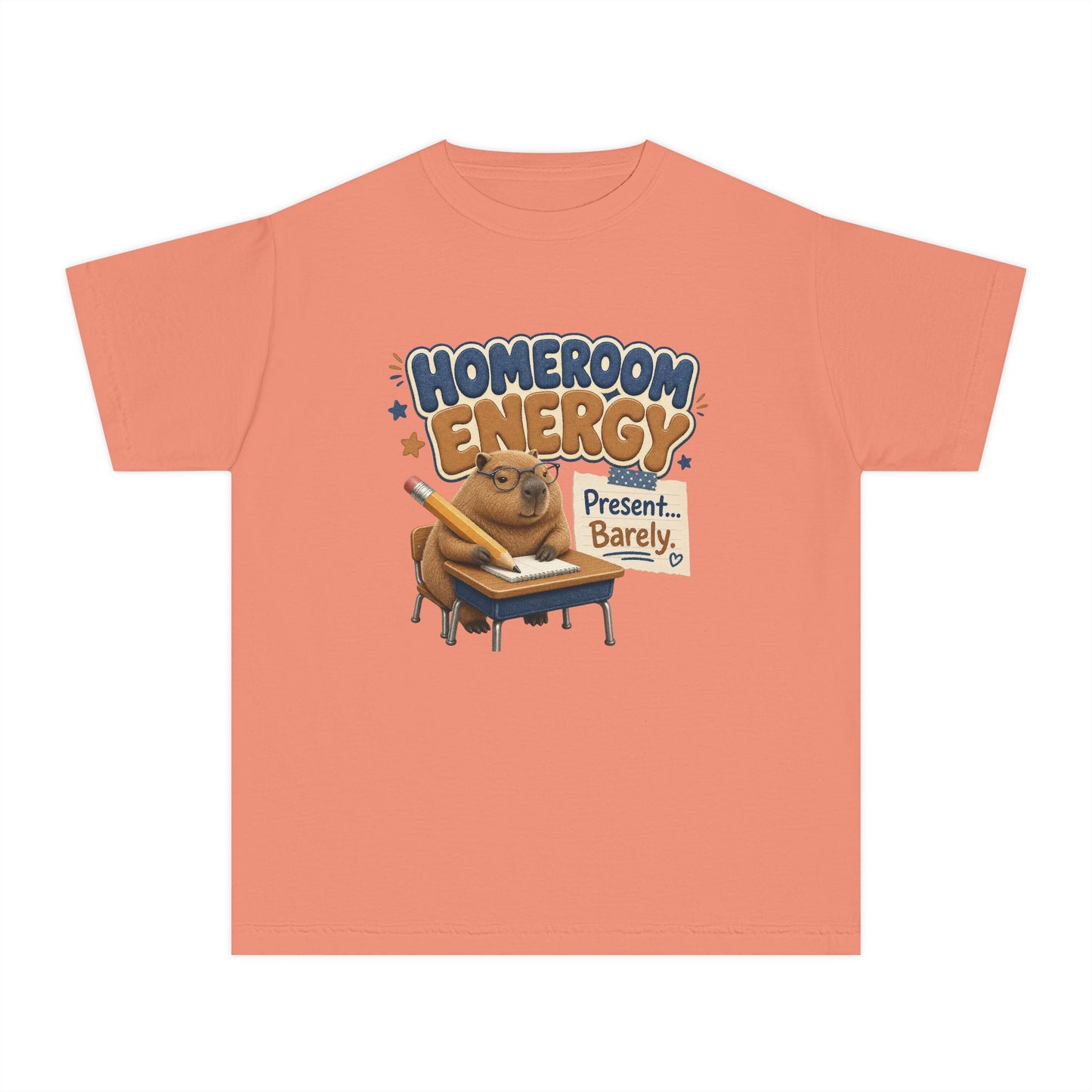 Homeroom Energy Sloth on Desk Youth Tee | Funny School Illustration